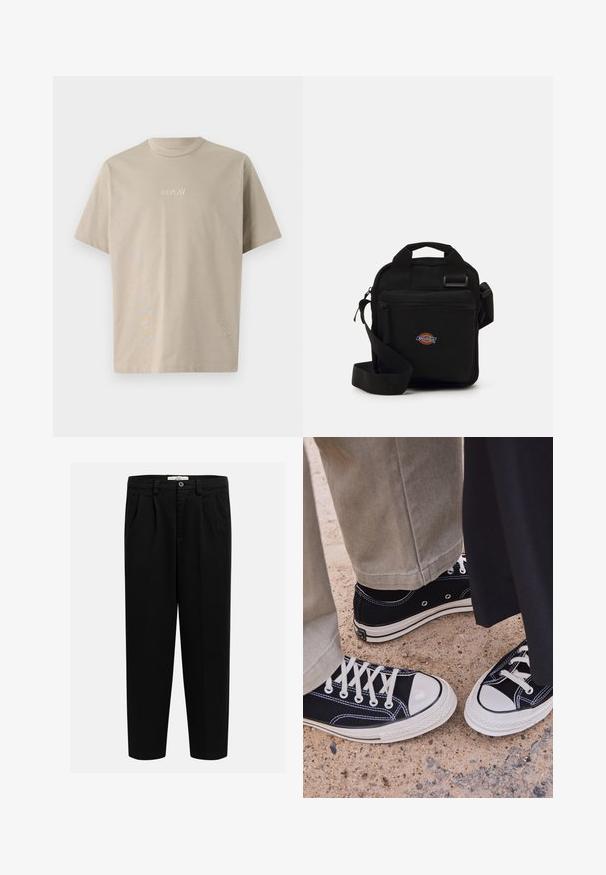 Beige bomulds t-shirt med korte ærmer, rund halsudskæring og et lille "REPLAY" logo broderet i hvidt på forsiden.; Sorte bukser lavet af blødt stof, med lige ben design, front folder og knaplukning i taljen.; Sorte lærreds sneakers med hvide gummikapsler og snørebånd. Kontraststing og metaløjer tilføjer detaljer. Båret med beige bukser og sort stof.; Sort crossbody taske med en lynlåslomme, rektangulær form, lavet af stof, med et logo patch på forsiden, justerbar skulderrem.