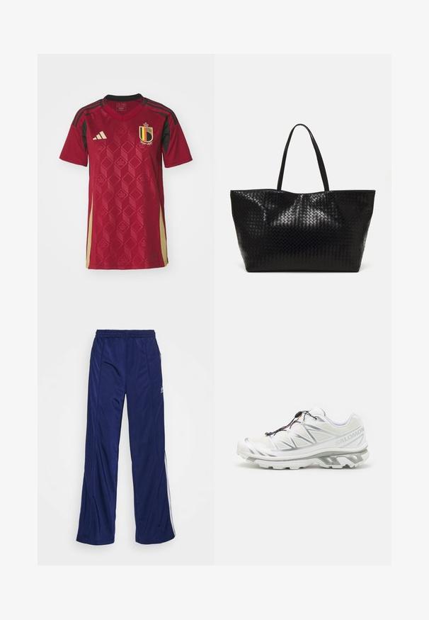 Maglietta da calcio rossa con un motivo geometrico a diamante, dettagli neri e uno stemma con strisce gialle e nere, realizzata in tessuto leggero.; Pantaloni sportivi navy con vita elasticizzata, gambe diritte e cerniere laterali. Presentano piping bianco lungo i lati. Tessuto dalla consistenza liscia.; Scarpa sportiva bianca con upper testurizzato, dettagli riflettenti e suola grigia. Presenta motivi triangolari accentuati e un sistema di lacci rapidi.; Borsa tote nera intrecciata con due manici robusti, caratterizzata da una texture lucida e un ampio design a apertura aperta.