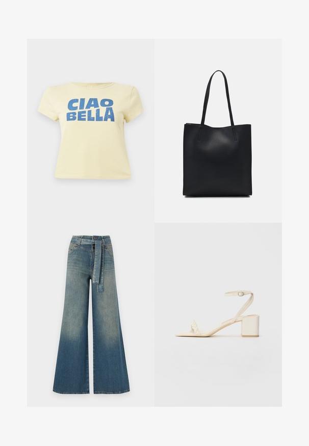 Yellow t-shirt made of cotton, featuring a blue graphic print that reads "CIAO BELLA." Short sleeves and a round neckline.; Wide-leg denim trousers featuring a light to dark blue gradient, high waist, belt loops, and a matching fabric belt. Textured denim finish.; Beige block-heeled sandal made of smooth material, featuring a slender ankle strap and a pearl-accented toe strap. Flat sole.; Black leather tote bag with smooth texture, rectangular shape, and two long handles. No visible hardware or embellishments.