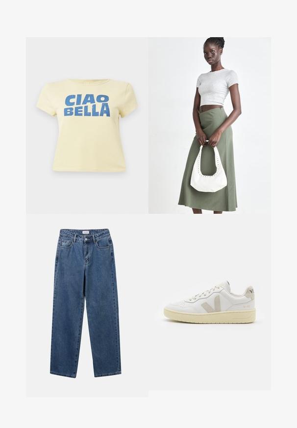 Žlté tričko vyrobené z bavlny, s modrou grafickou potlačou, ktorá znie "CIAO BELLA." Krátke rukávy a okrúhly výstrih.; Klasické modré džínsy z denimu so strihom rovného strihu, piatimi vreckami a zapínaním na gombík. Majú stredné praním a pevnú textúru.; Biele kožené tenisky s béžovými semišovými akcentmi, perforovanou špičkou, plochými šnúrkami a textúrovanou krémovou podrážkou. Obsahujú jemné označenie na päte.; Sivý pruhovaný crop top a olivovo zelená sukňa s vysokým pásom. Model drží bielu ramennú tašku s vyrezávanými detailmi. Jednoduchý dizajn, priliehavý strih.