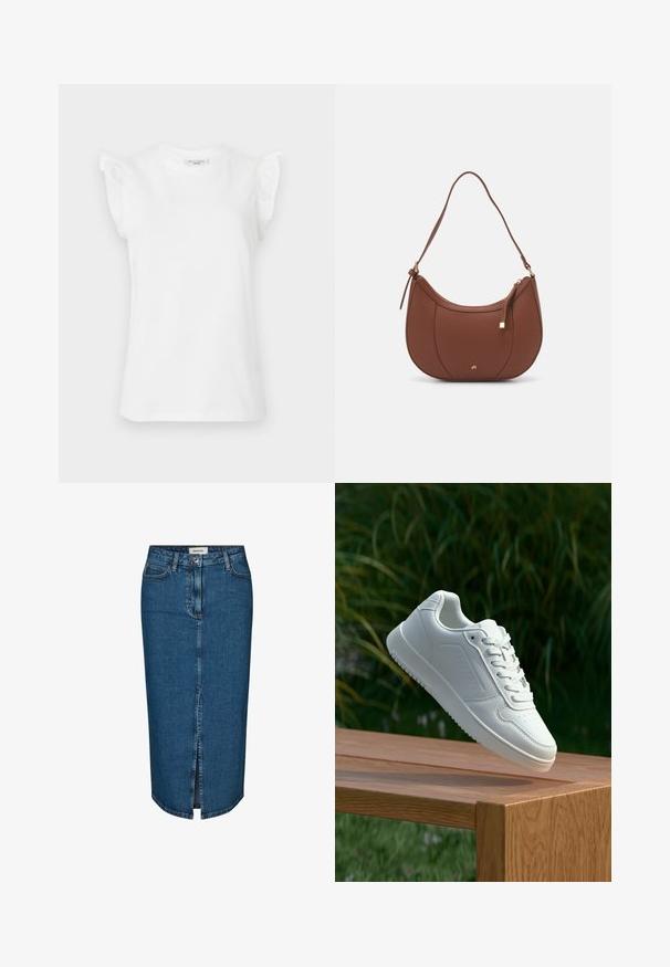 Valge lühikeste varrukatega puuvillane t-särk volangide aktsentidega õlgadel ja ümmarguse kaelusega. Sile tekstuur ja klassikaline lõige.; Tumedast denimist seelik, millel on ees lõhik, viis taskut ja kontrastne õmblus. Keskmise kõrgusega talje klassikalise disainiga.; Valged sneakerd, millel on sile sünteetiline ülemine osa, väikeste aukudega varvaskast, lamedad paelad ja tekstuuriga tald, eksponeeritud puidust pinnal.; Pruun faux nahast õlaline kott, millel on kaarjas kuju, minimaalne õmblemine ja kuldse tooni metallist aksessuaar. Omab ülemist tõmblukku ja reguleeritavat rihma.