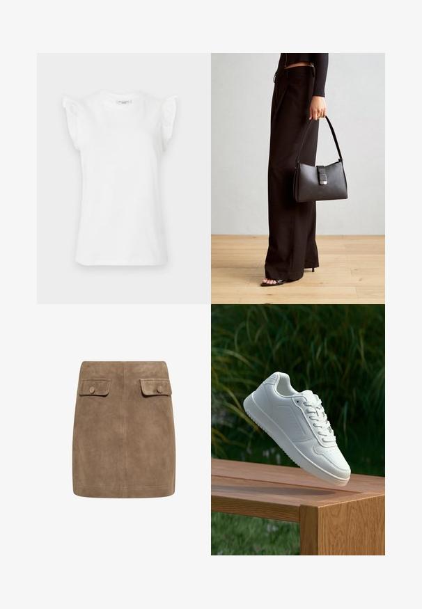 Bílá tričko s krátkým rukávem z bavlny s volánovými detaily na ramenech a kulatým výstřihem. Hladká textura a klasický střih.; Hnědá semišová mini sukně s hladkou texturou, vybavená dvěma předními kapsami s klopami a knoflíkovými zapínáními po stranách. Jednoduchý, rovný design.; Bílé tenisky s hladkým syntetickým svrškem, perforovanou špičkou, plochými tkaničkami a texturovanou podrážkou, vystavené na dřevěném povrchu.; Černá kabelka se strukturovaným tvarem, hladkým povrchem a kovovým uzávěrem. Kombinována s širokými černými kalhotami a sandály s otevřenou špičkou na dřevěné podlaze.
