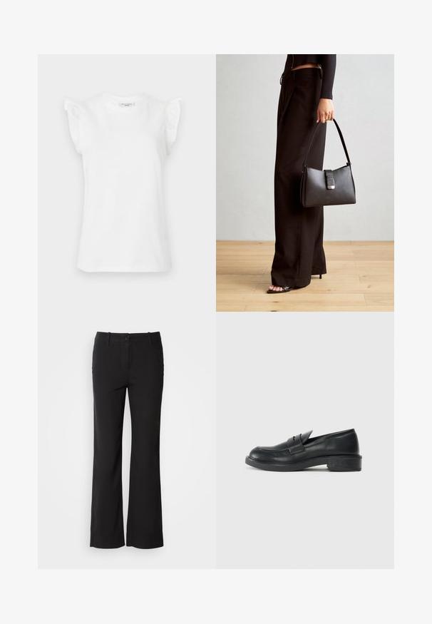 Bela kratka majica z rokavi iz bombaža z nagubanimi detajli na ramenih in okroglim izrezom. Gladka tekstura in klasičen kroj.; Črne hlače iz bombažne mešanice s ravnim krojem, sprednim gumbom in dvema stranskima žepoma. Gladek teksturiran material, brez vidnih vzorcev.; Črne usnjene loafer čevlje z zaobljenim nosom, šivanim detajlom in majhnim peto. Gladka tekstura in fleksibilen gumijast podplat.; Črna torbica z strukturirano obliko, gladko teksturo in kovinskim zaponko. Ujemajo se z širokimi črnimi hlačami in odprtimi sandali na lesenem tleh.