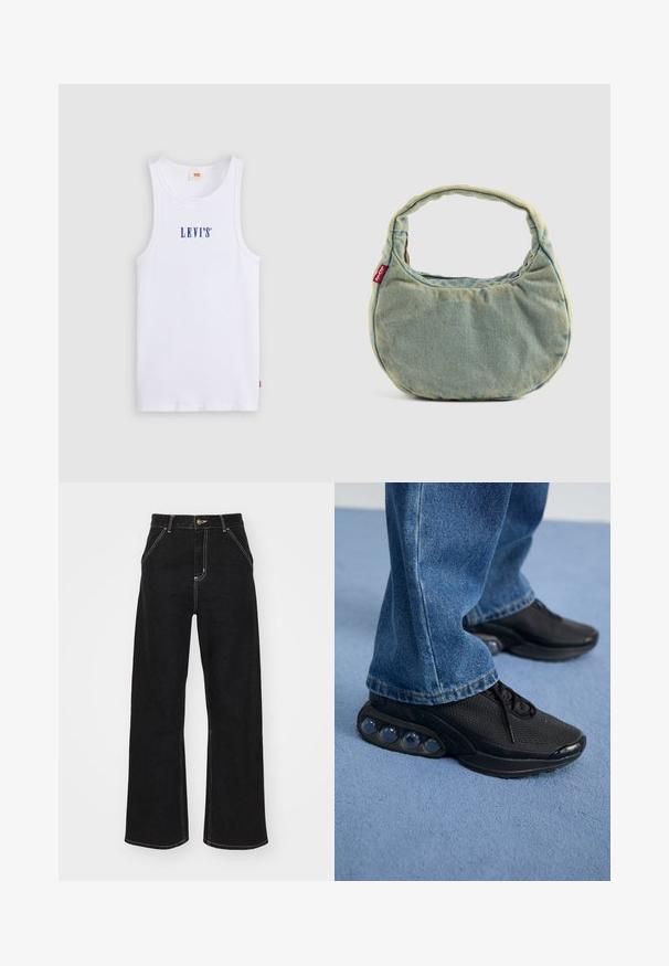 Fehér pamut ujjatlan felső kerek nyakkivágással és széles pántokkal. Az elején kék "LEVI'S" logó hímzéssel. Sima textúra.; Fekete, széles szárú farmernadrág, kontrasztos fehér varrással és elülső gombos záródással, két ferde elülső zsebbel.; Fekete sportcipők hálós felsőrésszel, textúrázott részletekkel és a talpban látható lég párnázó zsebekkel. Kék farmernadrággal viselve.; Világoskék farmer kézitáska rövid, párnázott füllel és egy kis piros Levi's logóval az oldalán, sima háttéren elhelyezve.