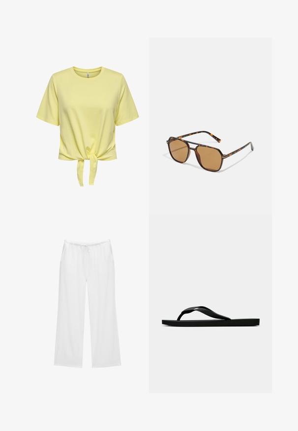 Keltainen lyhythihainen T-paita, joka on valmistettu pehmeästä, kevyestä puuvillasta ja jossa on solmittu yksityiskohta vyötäröllä. Sileä rakenne ja rento istuvuus.; Valkoiset leveät housut, jotka on valmistettu pehmeästä kankaasta. Niissä on joustava vyötärö, jossa on naru, sekä kaksi sivutaskua. Yksinkertainen ja raikas muotoilu.; Musta kumisaapas sandaali, jossa on teksturoitu thong-hihna ja yksinkertainen litteä pohja, esitetty sivustolta vaalealla taustalla.; Ruskean sävyiset aurinkolasit, joissa on kilpikonnakuorimallinen kehys, suorakulmaiset linssit ja hoikat varret, joissa on oranssi korostuskuvio.; PULL&BEAR SHOPPER - Shopping bag - grey
