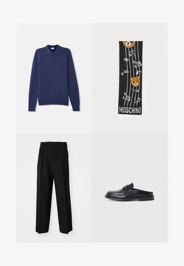 Navyblauwe poloshirt met lange mouwen, gemaakt van zachte brei. Voorzien van een klassieke kraag, drie knopen en ribgebreide manchetten en zoom.; Zwarte geplooide broeken met een rechte, brede pijpontwerp. Gemaakt van soepele stof, met een knoopsluiting en riemlussen.; Zwarte leren instapschoen met een ronde neus, lage hak en geweven ontwerpdetails op de bovenkant. Kenmerkt zich door een minimalistische stijl en een gladde textuur.; Zwarte gebreide sjaal met twee bruine berenhoofden, muzieknoten en de tekst "MOSCHINO" in het wit aan de onderkant. Zachte textuur met gedetailleerd ontwerp.