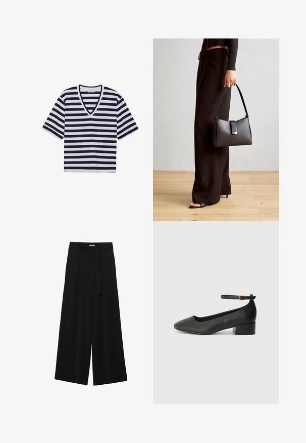 Svītrainā T-kreklā ir tumši zilā un baltā krāsā, V-veida kakla izgriezums, īsās piedurknes un mīksts kokvilnas materiāls.; Melni platleņķa bikses ar teksturētu audumu, elastīgu jostu un noņemamu siksnu viduklī, kas nodrošina regulējamu piegulšanu.; Melnas ādas sūkņi ar smailu purngalu un zemu bloku papēdi. Iezīmēts ar potītes siksniņu ar zelta krāsas sprādzi. Gluda tekstūra.; Melnā somiņa ar strukturētu formu, gludu tekstūru un metālu sprādzi. Saskaņota ar platām melnām biksēm un sandālēm ar atvērtu purngalu uz koka grīdas.