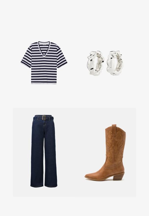 Pruhované tričko v námořnické modré a bílé barvě, s výstřihem do V, krátkými rukávy a měkkým bavlněným materiálem.; Tyrkysové široké džínové kalhoty s prošitými kapsami a odpovídajícím páskem se širokou obdélníkovou zlatou sponou.; Hnědé kožené kovbojské boty s špičatou špičkou, vyšívanými spirálovými vzory na štítech a s blokovým podpatkem. Obsahují poutko pro snadné obouvání.; Stříbrné kruhové náušnice s texturovaným, nepravidelným designem. Povrch je lesklý a ukazuje křivky a kontury. Vnitřní prostor je dutý.