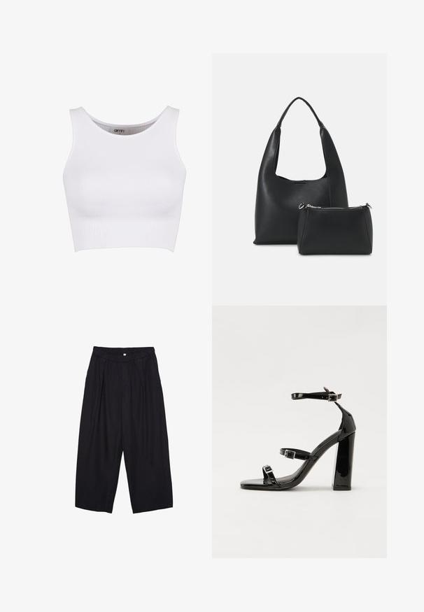 Valkoinen ribbattu crop-top, jossa on pyöreä kaula-aukko ja leveät hihnat. Ominaisuuksiin kuuluu venyvä materiaali, joka on suunniteltu mukavuuden ja liikkumisvapauden takaamiseksi.; Musta polyesterinen culotte-housut, jossa on joustava vyötärö, kaksi etupleettiä ja löysä siluetti. Ei näkyviä kuvioita tai metallisia yksityiskohtia.; Musta kiiltävä korkokenkä sandaalit neliönmuotoisella varpaalla, nilkkaremmillä ja hopeisilla soljilla. Varustettu tukevalla lohkokorkealla vakauden takaamiseksi.; Even&Odd Käsilaukku - black