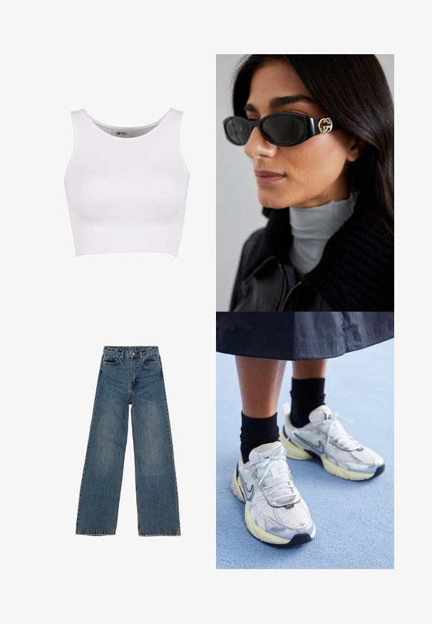 Bílý pruhovaný cropped top s kulatým výstřihem a širokými ramínky. Má pružnou texturu, navrženou pro pohodlí a volnost pohybu.; Modré džínové široké kalhoty s vysokým pasem, pěti kapsami a kontrastním šitím. Na látce jsou viditelné zesvětlení a drobné opotřebení.; Bílé a stříbrné tenisky Nike z prodyšné tkaniny s reflexními akcenty a béžovou podrážkou. Nosené s černými ponožkami, stojící na modrém povrchu.; Černé sluneční brýle s elegantním obdélníkovým rámem a zlatým logem na boční straně. Tmavé čočky a lesklý povrch jsou výrazné.