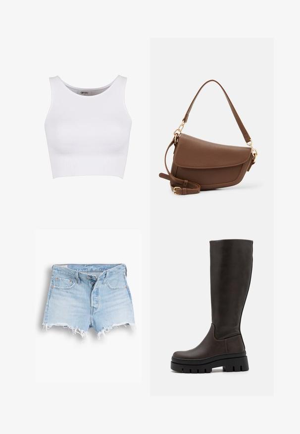 Witte geribbelde crop top met een ronde halslijn en brede bandjes. Heeft een rekbare textuur, ontworpen voor comfort en bewegingsgemak.; Lichtblauwe denim shorts met een hoge taille, een rafelige zoom, een vijf-pocket ontwerp en contrasterende stiksels. Twee knoppen voor de sluiting.; Bruine leren kniehoogse laarzen met een chunky zwart platformzool en minimale stikseldetails. Strak ontwerp met een gladde textuur.; Bruine leren schoudertas met een gestructureerde afwerking, gebogen vorm, hardware in goudkleur, verstelbare schouderband en klepafsluiting.