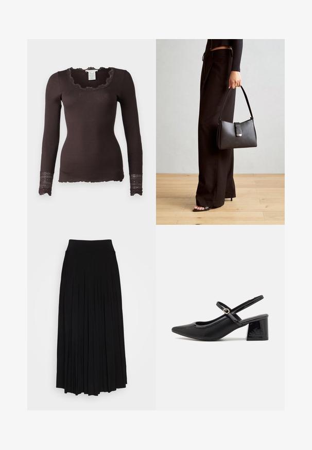 Rosemunde BENITA O NECK - Hosszú ujjú felső - dark espresso; Fekete, redőzött szoknya magas, rugalmas derékrésszel. Puha anyagból készült, függőleges redőzéssel a légies sziluett érdekében.; Fekete lakk bőr, pántos magassarkú cipő, hegyes orral, lekerekített kivágással és tömbsarkal. Arany színű csat díszíti.; Fekete kézi táska strukturált formával, sima textúrával és fémből készült záródással. Széles fekete nadrággal és nyitott orrú szandállal párosítva, fából készült padlón.
