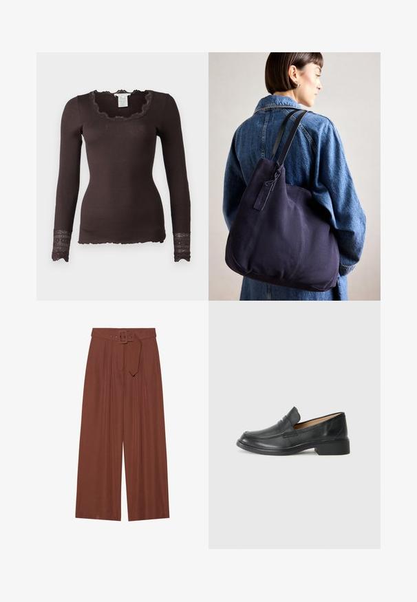 Rosemunde BENITA O NECK - Topper langermet - dark espresso; Bredde bukser i brunt stoff, med belte med firkantet spenne, plisserte design og myk tekstur.; Svart skinnloafers med lav hæl, med en sømmet design og slip-on stil, mot en ensfarget hvit bakgrunn.; Marine lerrets skulderveske med en myk, strukturert form, som har en svart stropp, sydd detaljer og en liten merkeflagg.