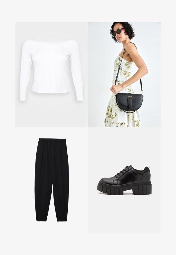 White long-sleeve shirt with a wide neckline, made of soft, smooth material. Features a fitted design and a cropped hem.; Black, lightweight pants with an elastic waistband and gathered ankles. The fabric is smooth and features a relaxed, tapered design.; Black leather platform shoes with a chunky block heel, round toe, and traditional lace-up design. Features smooth texture and minimal detailing.; Black leather handbag with a curved shape, detachable strap, and gold hardware. The bag features a flap with a buckle detail.