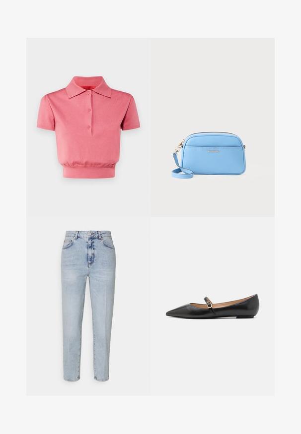 Różowa koszulka polo z krótkim rękawem, z kołnierzykiem, pięcioma guzikami z przodu i dopasowaną, marszczoną talią. Gładki dzianinowy materiał.; Jasnoniebieskie dżinsy o wysokim stanie, prostym kroju nogawek, widocznymi kieszeniami z przodu i wyblakłym odcieniu. Widoczne szwy i detale guzików.; Czarne skórzane baletki z wydłużonym noskiem i bocznym paskiem z okrąłym złotym akcentem. Lekkie z płaską podeszwą.; Jasnoniebieska skórzana torebka na ramię z złotymi akcentami, zamknięciem na zamek błyskawiczny i przednią kieszenią. Posiada regulowany pasek dla wygody.