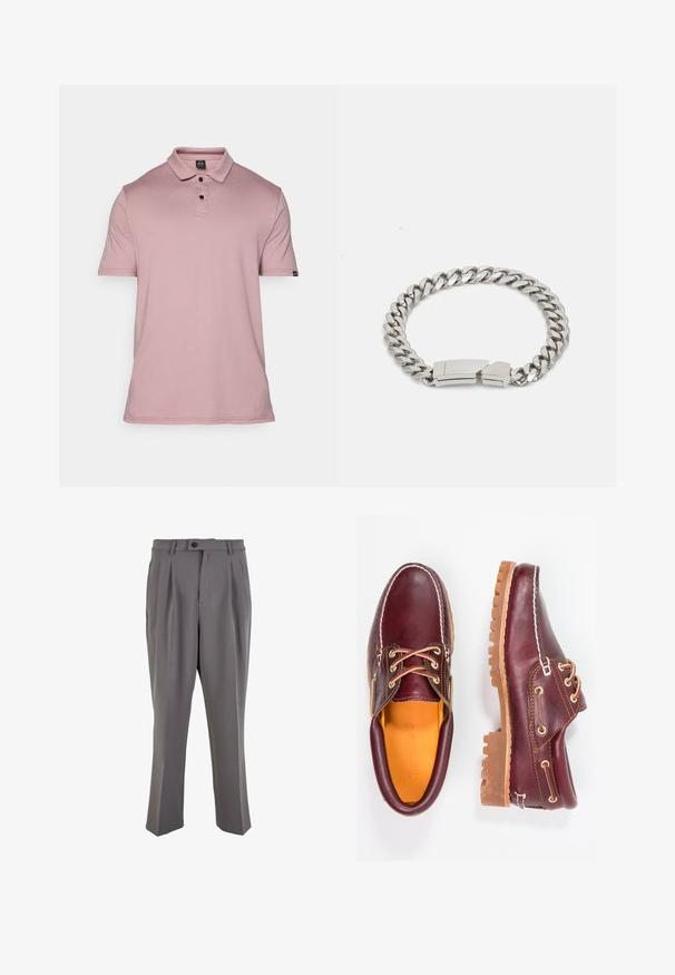 Ružový polo tričko vyrobené z mäkkého materiálu, s golierom, trojo gombíkmi na prednej strane a krátkymi rukávmi. Obsahuje malú nášivku na rukáve.; Šedé skladané nohavice vyrobené z hladkej látky, s rovnými nohavicami, jedným gombíkom na zapínanie a pútkami na opasok. Minimalistický dizajn.; Bordové kožené topánky s hnedými gumovými podrážkami, okrúhlou špičkou, bielym prešívaním a zlatými kovaniami. Interiér má žlté podšívku.; Calvin Klein ELECTRIC - Náramok - silver-coloured