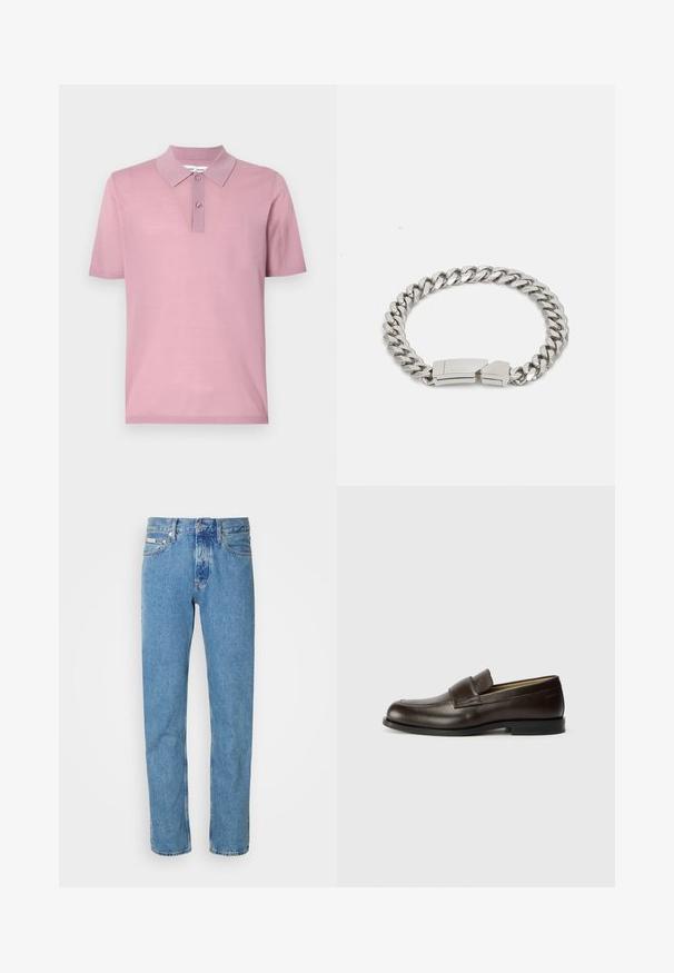 Kortermet polo skjorte i lyserosa. Har en klassisk krage med to knappestolper. Laget av mykt, glatt strikkemateriale.; Lyseblå denim jeans med rett benklipp, med et klassisk fem-lommers design og en knappelukking i livet. Ingen merkbare mønstre.; Calvin Klein Slippers - cocoa brown; Calvin Klein ELECTRIC - Armbånd - silver-coloured