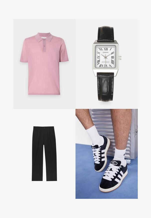 Poloshirt mit kurzen Ärmeln in hellrosa. Verfügt über einen klassischen Kragen und eine zwei-knöpfige Knopfleiste. Hergestellt aus weichem, glattem Strickmaterial.; Schwarze Hose mit geradem Schnitt, aus einem glatten Stoff gefertigt. Verfügt über Vorderfalten und einen einzelnen Knopfverschluss an der Taille.; Schwarze Wildledersneaker mit weißen Schnürsenkeln und drei weißen Streifen. Verfügt über ein kreisförmiges schwarzes Logo auf der Zunge und eine Gummisohle.; Silbernes quadratisches Armband mit einem weißen Ziffernblatt, schwarzen römischen Ziffern und dem Text "WASSERDICHT". Schwarzes Lederarmband mit strukturiertem Finish.