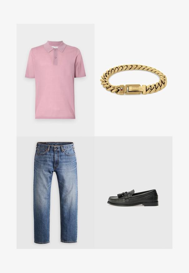 Poloshirt mit kurzen Ärmeln in hellrosa. Verfügt über einen klassischen Kragen und eine zwei-knöpfige Knopfleiste. Hergestellt aus weichem, glattem Strickmaterial.; Gerade geschnittene blaue Denim-Jeans mit Knopf- und Reißverschluss, fünf Taschen und orangefarbener Naht auf einem hellgrauen Hintergrund.; Schwarze Lederloafer mit abgerundeter Spitze, dekorativen Quasten und einer gestickten Gestaltung. Flache Sohle mit dezentem Branding an der Seite.; Goldfarbener Armband mit ineinandergreifenden Gliedern, ausgestattet mit einem Verschluss mit dem "HILFIGER"-Logo und roten sowie blauen Akzenten. Glatte, polierte Oberfläche.