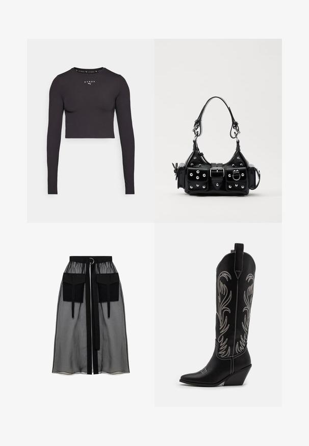 Cămașă neagră scurtă cu mâneci lungi, din material elastic. Are un decolteu rotund și un logo alb centrat. Textură netedă, formă ajustată.; Fustă neagră transparentă cu un talie plisată, având două buzunare mari în față, un cordon pentru talie și un accent metalic circular.; Bocanci de cowboy din piele neagră, cu vârfuri ascuțite, toc wedge și modele florale brodate cu fir argintiu de-a lungul tijei. Cusături în contrast pe întreaga suprafață.; Geantă de piele neagră cu un design curbat, dotată cu studuri argintii, o cataramă și două buzunare laterale. Curea ajustabilă pentru opțiuni de transport.