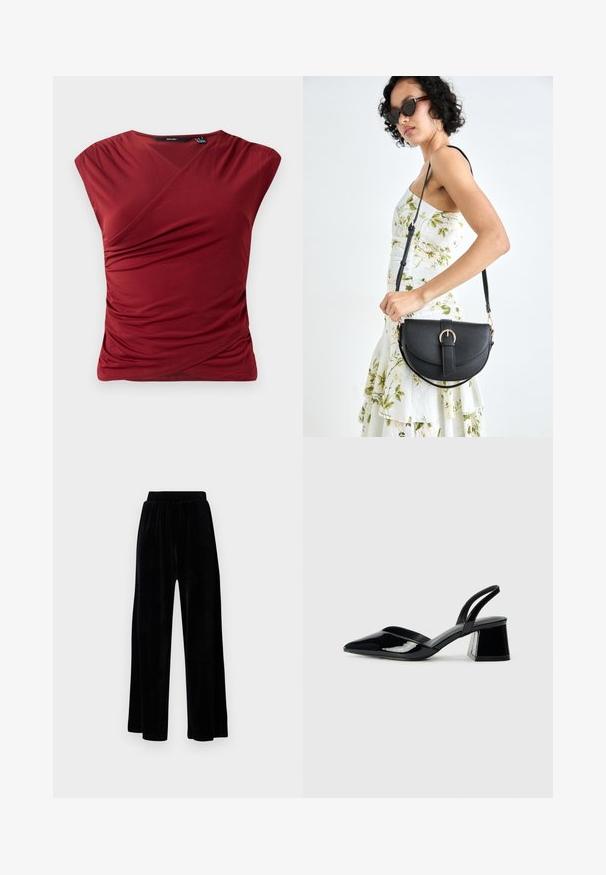 Raudonas trumpas rankovėmis viršus su apvyniojimo dizainu, su susiraukšlėjusia tekstūra šone ir lygiu, minkštu audiniu.; Juoda plataus kirpimo kelnių pora, pagaminta iš minkštos velveto medžiagos, su elastingu juosmeniu ir glotnia tekstūra, be matomų detalių ar raštų.; Juodos lakuotos odinės šlepetės su smailiu pirštu ir geometriniu bloko kulnu. Turi elegantišką, minimalistinį dizainą ir lygų paviršių.; Juodas odinis krepšys su išlenkta forma, nuimamu dirželiu ir auksiniais detalėmis. Krepšys turi kilpą su sagtimi.