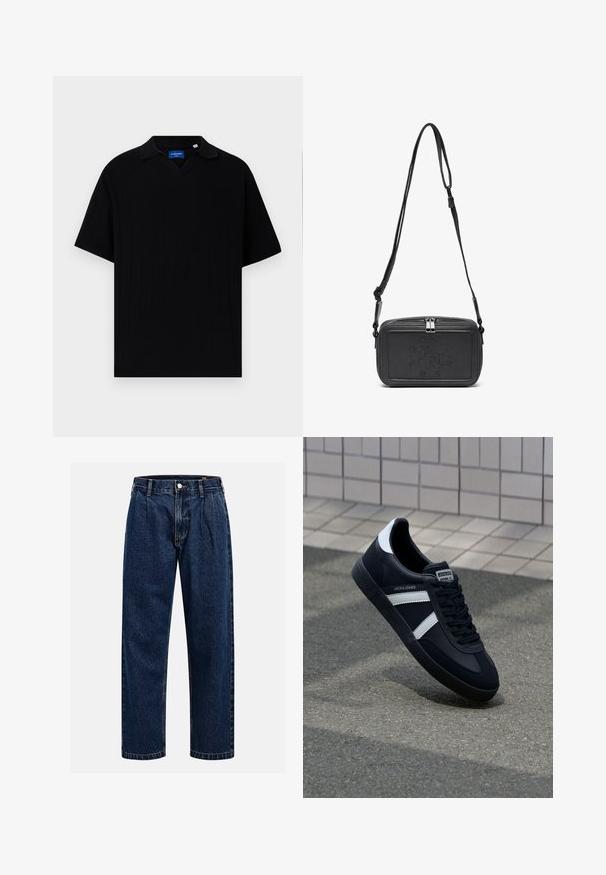 Czarna koszulka polo z krótkim rękawem, z dekoltem w serek, z ribbowanym wzorem i subtelnymi pionowymi paskami. Metka wewnątrz obszaru dekoltu.; Granatowe dżinsy o prostym kroju nogawki. Posiada widoczne szwy, zapięcie na guzik oraz fałdy z przodu dla dodatkowego detalu.; Czarne skórzane sneakersy z białymi paskami, teksturowana gumowa podeszwa i sznurowane z przodu. Posiadają metkę marki na języku.; Czarna skórzana torba na ramię z zamkiem błyskawicznym, wytłoczone logo na przodzie i regulowanym paskiem. Gładka tekstura w prostokątnym kształcie.