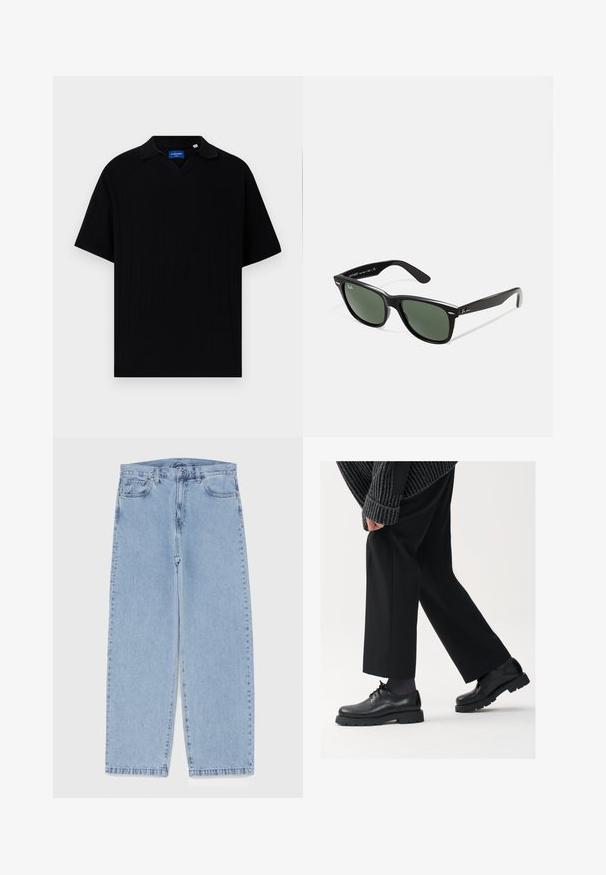 Sort kortærmet polo skjorte med V-hals, der har en ribbet tekstur og subtile lodrette striber. Mærke indeni halsområdet.; Lyseblå denimjeans med straight leg-design, der har en mid-rise talje, fem lommer og en lukning med knap og lynlås.; Sorte lædersko med rund tå, snørebåndsdesign og tyk, tekstureret sål. Båret sammen med skræddersyede sorte bukser og en ribbet sweater.; Sorte plastiksolkaber med grønne linser, firkantede stel, sølvaccent på brynene og teksturerede templede arme. Angivet mærke på den indre arm.