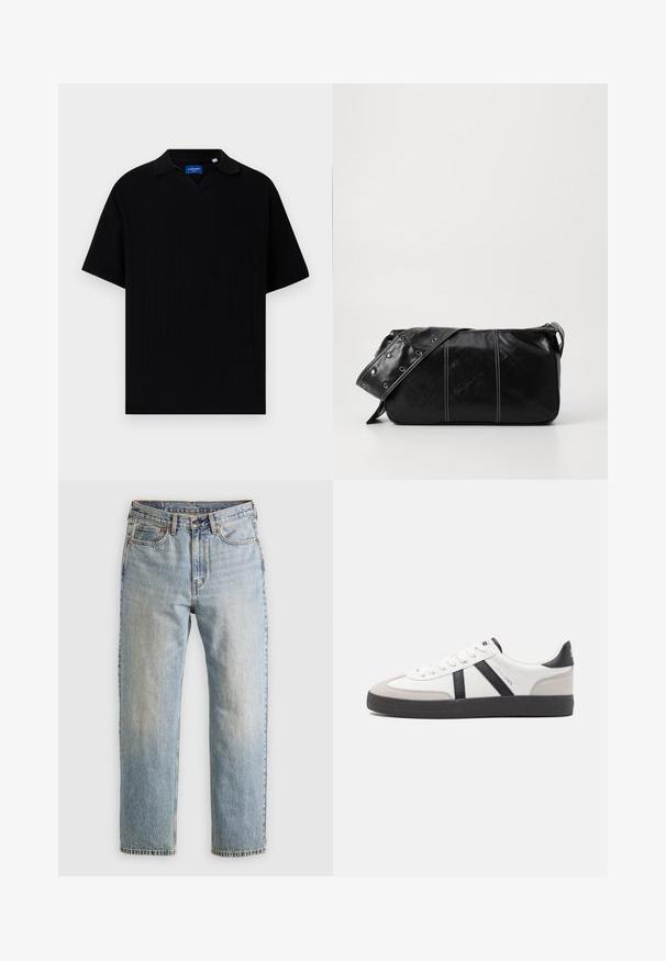 Crna kratka majica s rukavima, tip polo, s V-izrezom, s rebrastom teksturom i suptilnim vertikalnim prugama. Oznaka unutar područja vrata.; Svijetloplave traperice visoki struk, prednji gumb, zatvarač i dizajn s pet džepova, položene ravno na neutralnoj pozadini.; Bijele tenisice s crnim i sivim detaljima, s teksturiranim sivim zaštitnikom prstiju, crnim gumene potplate i ravnim bijelim vezicama. Čist dizajn, minimalistički stil.; Crna kožna torba preko ramena s zatvaranjem na patentni zatvarač, s teksturiranim tijelom, bijelim šavovima i remenom sa srebrnim okovima.