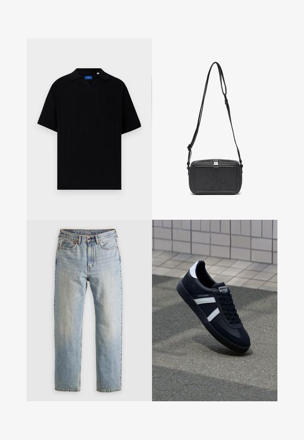 Sort kortærmet polo skjorte med V-hals, der har en ribbet tekstur og subtile lodrette striber. Mærke indeni halsområdet.; Lysblå denim jeans med høj talje, frontknap, lynlås og fem-lomme design, lagt fladt på en neutral baggrund.; Sort lædersneaker med hvide striber, tekstureret gummisål og snørrebånd foran. Har et brandet mærke på tungen.; Sort læder crossover taske med lynlåslukning, præget logo på fronten og justerbar rem. Glat tekstur med rektangulær form.