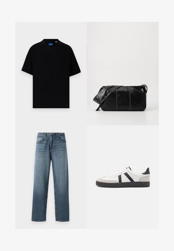 Musta lyhythihainen polo-paita V-päällä, jossa on ribbipintainen rakenne ja hienovaraiset pystysuorat raidat. Merkki kaulan alueella.; Suorat siniset farkut, joissa on haalistunut pesu, viiden taskun muotoilu, metallinen nappi ja vyölenkit. Rakenne on keskikokoista painoa oleva kangas.; Valkoiset lenkkarit mustilla ja harmailla yksityiskohdilla, joissa on teksturoitu harmaa kärki, musta kumipohja ja litteät valkoiset nauhat. Siisti muotoilu, minimalistinen tyyli.; Mustakulmainen nahkainen olkalaukku, jossa on vetoketjukiinnitys, teksturoitu pinta, valkoiset ompeleet ja hihna, jossa on hopeiset niitit.