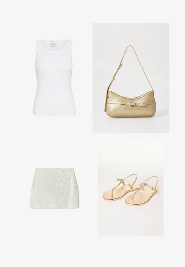Fehér ujjatlan felső sima, rugalmas anyagból. Kerek nyakkivágással és egy kis hímzett logóval rendelkezik elöl. Fektetett fazon.; Bershka A-vonalú szoknya - white; Friends Like These REGULAR FIT - TOE THONG FIT - T-pántos szandálok - gold; Fémes arany oldal táska ívelt formával, sima textúrával, lapos pánttal és díszes csat részlettel az elején.