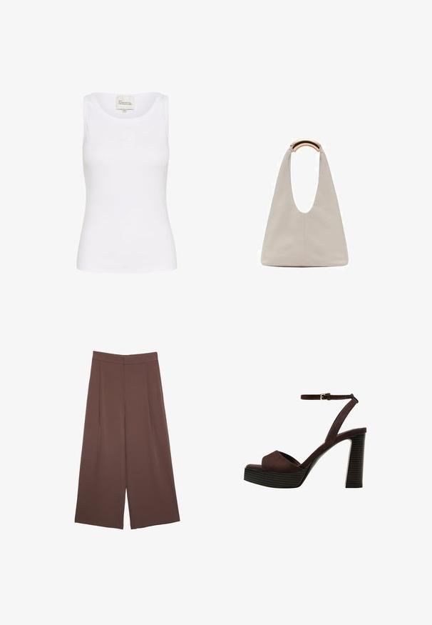 Valkoinen toppi, joka on valmistettu sileästä, joustavasta kankaasta. Siinä on pyöreä kaula-aukko ja pieni, brodeerattu logo edessä. Tiukka malli.; Ruskeat leveälahkeiset housut, joissa on sileä pinta, korkea vyötärö ja etupleat. Kangas on kevyttä ja laskeutuu väljänä.; Ruske kožne sandale s visokom potpeticom, otvorenim prstima, podesivim kopčanjem oko gležnja i prugastim platformskim đonom.; Vaalea harmaa nahkalaukku, jossa on U-muotoinen muotoilu ja kaareva metallikahva. Suora pinta, jossa on minimaalinen ompelu ja ei näkyviä kuvioita.