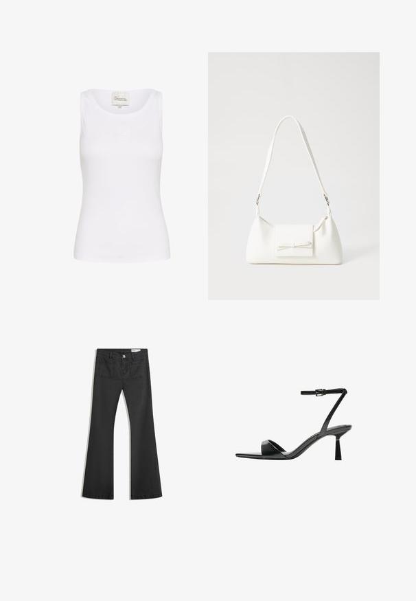 White tank top made of a smooth, stretchy fabric. Features a round neckline and a small, embroidered logo on the front. Fitted design.; Black flared jeans made of denim with a smooth texture, featuring two back pockets and a button closure at the waist.; Bershka High heeled sandals - black; White synthetic handbag with a triangular shape, flat front flap and bow detail, adjustable strap, smooth texture, and minimalistic design.