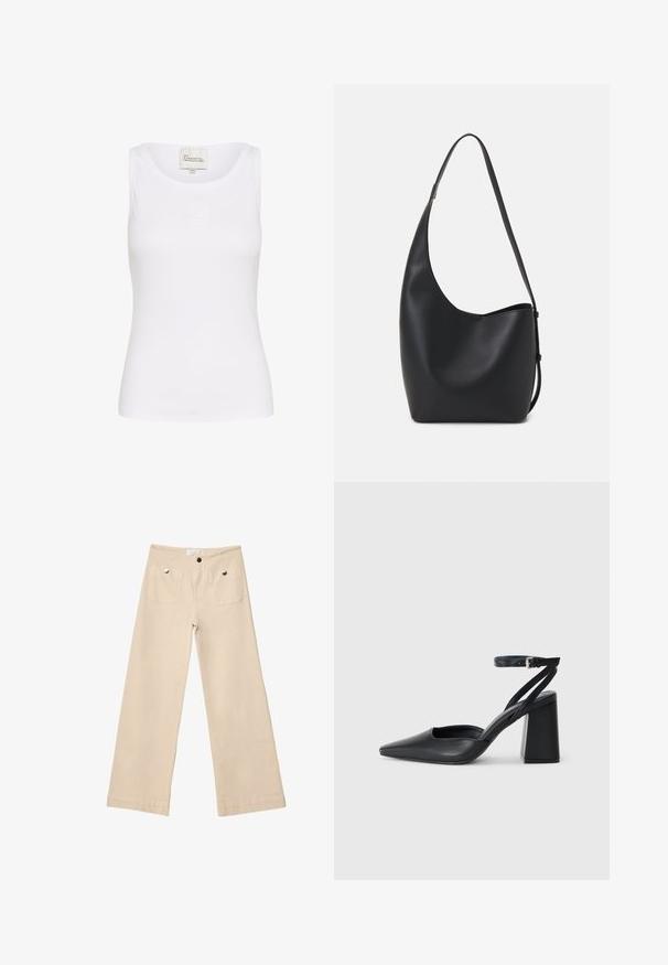 Hvid tanktop lavet af et glat, strækbart stof. Har en rund halsudskæring og et lille, broderet logo på forsiden. Tætsiddende design.; Beige breddebenede bukser i blød bomuld med to frontlommer med sølvfarvet hardware, lige snit og pænt afsluttede kanter.; Sort læder spidse pumps med ankelrem og en chunky hæl. Flad tekstur, slankt design og minimalistisk æstetik.; Sort læder hobo taske med en glat overflade, buet form og en enkelt justerbar rem; har en bred åbning øverst.
