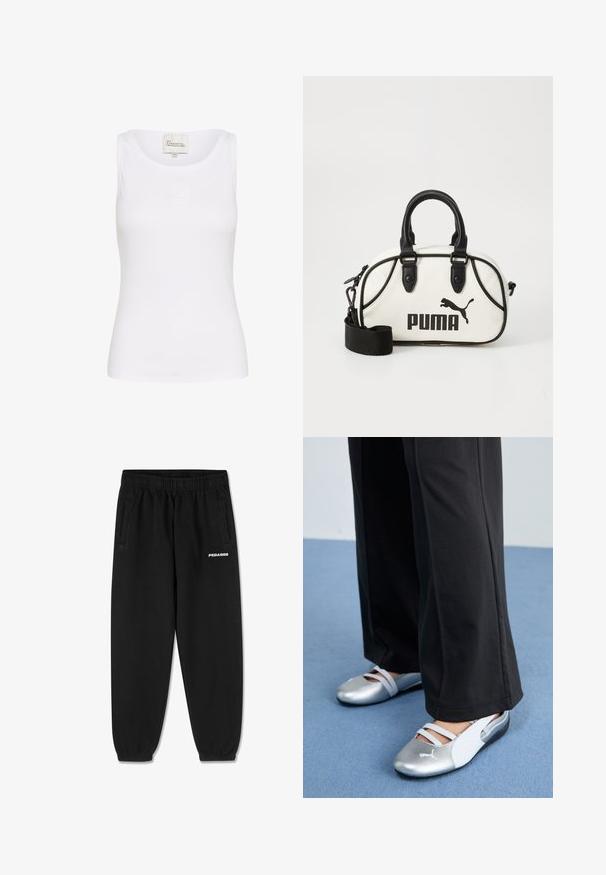 Valkoinen toppi, joka on valmistettu sileästä, joustavasta kankaasta. Siinä on pyöreä kaula-aukko ja pieni, brodeerattu logo edessä. Tiukka malli.; Mustat collegehousut, jotka on valmistettu pehmeästä kankaasta. Niissä on kiristysnauha vyötäröllä, kapenevat lahkeet ja sivutaskut. Edessä valkoinen "PEGADOR"-logo.; Hopeiset ja valkoiset litteät kengät, joissa on ristikkäin kulkevat hihnat ja tekstuuri, täydentävät löysiä mustia housuja. Taustalla sininen lattia.; Valkoinen käsilaukku mustilla yksityiskohdilla, jossa on Puma-logo. Lyhyet, pyöristetyt kahvat ja irrotettava olkahihna, valmistettu teksturoidusta keinomateriaalista.