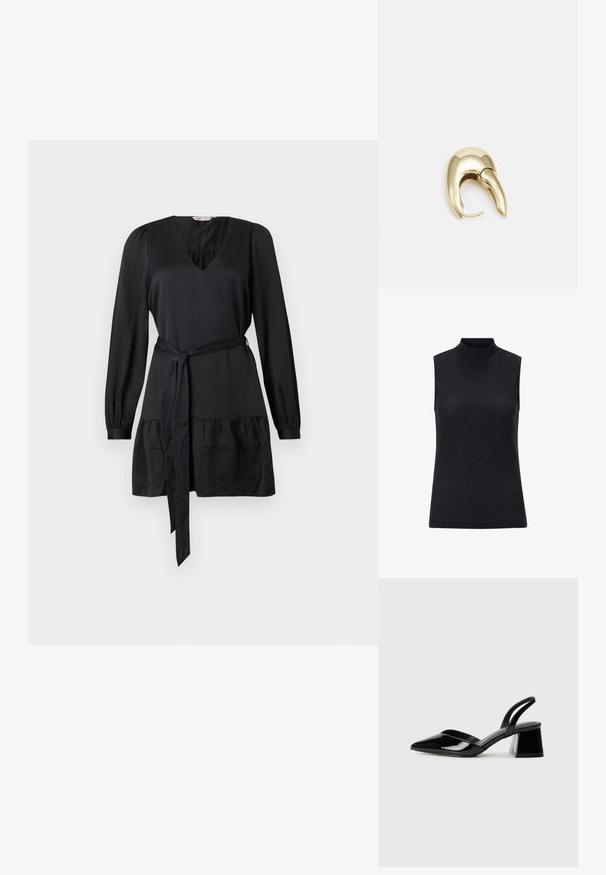 Črna brezrokavna majica z visokim ovratnikom, narejena iz rebraste, teksturirane tkanine, s prilegajočim krojem in gladko, odsevno površino.; Črna obleka z V-izrezom, dolgimi rokavi in pasom za zavezovanje. Vključuje nabran nivo na robu za dodatno teksturo. Gladka tkanina.; Črne lakirane slingback pete s koničastim nosom in geometrijsko blokasto peto. Imajo eleganten, minimalističen dizajn in gladko teksturo.; Rumeno usnjeno-usnje z vzorcem krokodila, s strukturiranim dizajnom, zgornjo ročajem, snemljivo verižico in dekorativnim kristalnim okrasjem na zaponki.; Uhane nakit iz zlatastega tona z gladko, ukrivljeno zasnovo. Ima edinstveno koničasto obliko, polirano površino in zaponko s tečajem.
