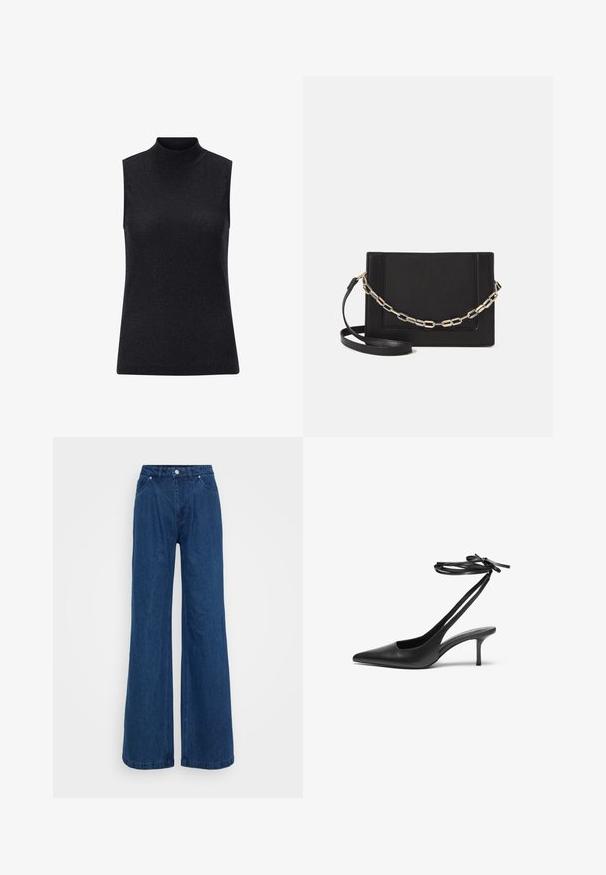 Črna brezrokavna majica z visokim ovratnikom, narejena iz rebraste, teksturirane tkanine, s prilegajočim krojem in gladko, odsevno površino.; Široke modre jeans hlače z visokim pasom, sprednjim gumbom in zadrgo ter sprednjimi in zadnjimi žepi na enobarvni podlagi.; Črne usnjene stiletto čevlje z ostrim nosom, odprtim hrbtom in zankami za gleženj, vezanimi v pentljo. Tanek 3-palčni pet. Gladka textura, minimalistična zasnova.; Črna usnjena torba čez ramo z gladko teksturo, pravokotno obliko in kovinskim verižnim detajlom spredaj. Vključena je nastavljiva naramnica.; Nakit zlate barve iz kovine, ki vsebuje dva para oblik: zasukan kroglično uho in gladek kroglični uhani. Odsevna površina povečuje eleganco.