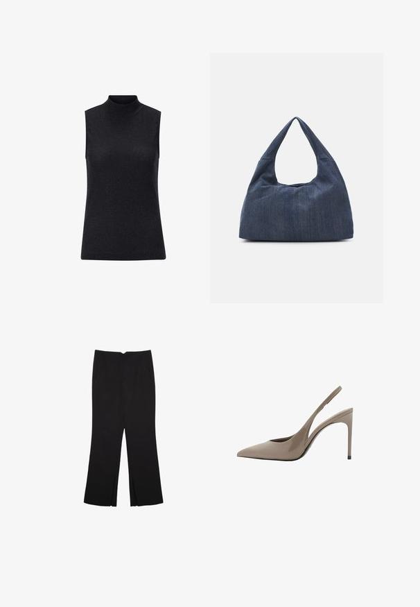 Schwarzes ärmelloses Oberteil mit hohem Kragen, aus geripptem, strukturiertem Material gefertigt, mit taillierter Silhouette und einer glatten, reflektierenden Oberfläche.; Schwarze Hose mit geradem Schnitt, ausgestattet mit Fronttaschen und Seitenschlitzen am Saum. Hergestellt aus weichem, glattem Stoff. Geeignet für verschiedene Anlässe.; Beige Lackleder Slingback High Heels mit spitzem Schuh und elegantem Design, ausgestattet mit einem dünnen Absatz und einem Ausschnitt an der Seite.; Dunkelblaue Denim-Tasche mit einer weichen, lässigen Form, ausgestattet mit einem Hobo-Stil Griff und einer strukturierten Oberfläche. Keine sichtbaren Hardware-Elemente.