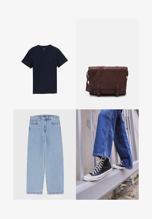 Tricou din bumbac bleumarin, mâneci scurte, guler rotund, textură netedă, design simplu, fără modele sau accente, tiv drept.; Jeans din denim de culoare albastru deschis, cu un design cu picioare drepte, având talie medie, cinci buzunare și un sistem de închidere cu nasture și fermoar.; Tenisi negri tip gheată cu talpă și șireturi albe, asortați cu blugi albaștri largi, sprijiniți pe un balustradă gri.; Geantă de umăr din piele maro, cu un capac frontal plat, două curele, accente din hardware auriu și o curea de umăr reglabilă.