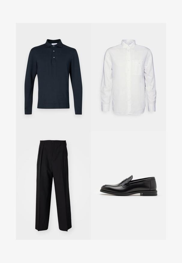 LARDINI LONG SLEEVE - Piké - navy; Långärmad vit skjorta gjord av bomull, med krage som knäpps med knappar, framficka och normal passform. Strukturerad tyg med en slät yta.; Svarta plisserade byxor med en rak, bred bendesign. Tillverkade av ett slätt tyg, med knäppning fram och bälteshällor.; Svarta läderloafers med en slät yta, rund tå och ett dekorativt band över främre delen. Låg staplad klack, minimalistisk design.