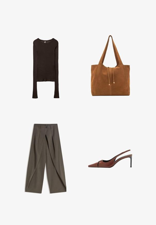 Długi rękaw, dopasowany top wykonany z ciemnobrązowego materiału. Okrągły dekolt, gładka tekstura i nieco wydłużone rękawy bez mankietów.; Spodnie o szerokich nogawkach wykonane z teksturowanej, ciemnoszarej tkaniny. Posiadają fałdy z przodu, zapięcie na guzik oraz boczne kieszenie dla wygody.; Brązowe skórzane obcasy typu slingback z ostrym noskiem, wycięciem w przedniej części i smukłym obcasem w stylu stiletto. Gładka faktura.; Brązowa torba tote z zamszu z dwoma długimi paskami, zamknięciem na sznurek i minimalistycznym wzornictwem. Gładka tekstura i brak widocznych akcentów metalowych.