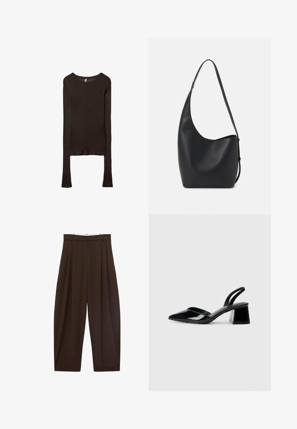 Langärmliges, tailliertes Oberteil aus dunkelbraunem Stoff. Runder Ausschnitt, glatte Textur und leicht verlängerte Ärmel ohne Bündchen.; Braune, hoch taillierte Hose mit Falten, aus glattem Stoff. Lässige Passform, gerade Beinform, mit Gürtelschlaufen und Reißverschluss.; Schwarze Lackleder-Slingback-High Heels mit spitzem Schuh und einem geometrischen Blockabsatz. Verfügt über ein schlankes, minimalistisches Design und eine glatte Textur.; Schwarze Leder-Hobo-Tasche mit einer glatten Textur, geschwungener Form und einem einzelnen verstellbaren Tragegurt; verfügt über eine weite Öffnung am oberen Ende.