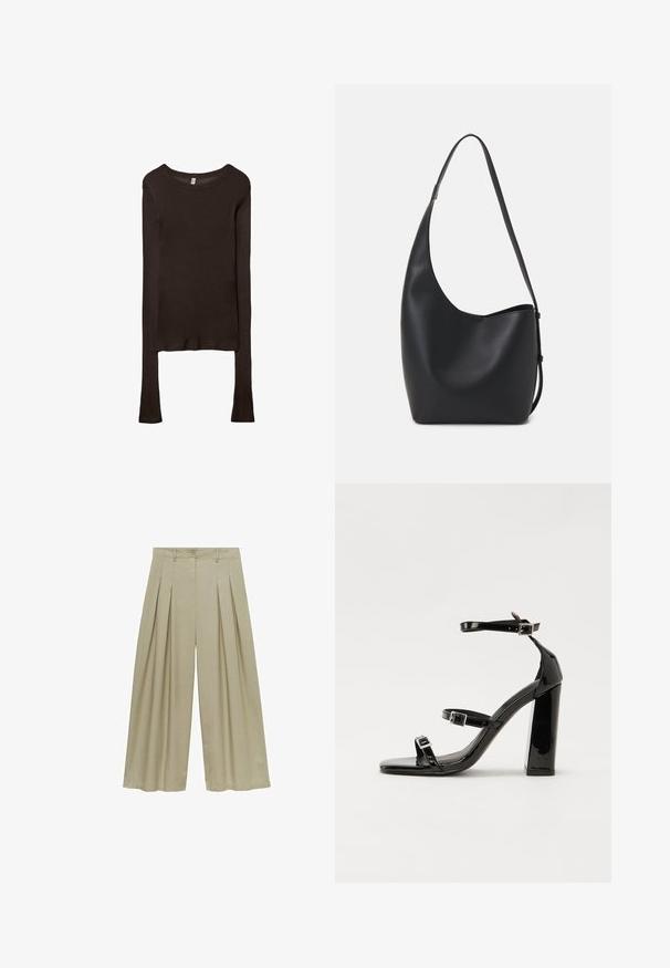 Dugi rukavi, uska majica izrađena od tamnosmeđeg materijala. Okrugli izrez, glatka tekstura i blago produženi rukavi bez manžeta.; Mango Hlače - light green; Crne lakirane sandale na pete sa kvadratnim nosom, trakama oko gležnja i srebrnim kopčama. Imaju čvrst blok petu za stabilnost.; Crna kožna hobo torba s glatkom teksturom, zakrivljenim oblikom i jednom podesivom trakicom; ima širok otvor na vrhu.
