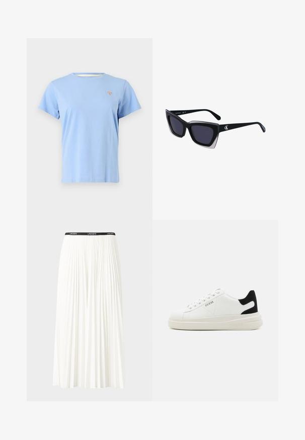 Maglietta a maniche corte azzurro chiaro realizzata in tessuto morbido, con un piccolo logo triangolare sul lato sinistro del petto e collo rotondo.; Gonna bianca plissettata con elastico nero in vita che presenta il logo "LACOSTE". Design di lunghezza media con texture morbida.; Sneaker bianchi in pelle con suola spessa bianca, accento in suede nero sul tallone e logo impresso sul lato. Design con lacci e sei fori per i lacci.; Occhiali da sole oversize neri dalla forma geometrica, con lenti scure e un dettaglio grigio a contrasto sulla montatura. Logo sul braccio.