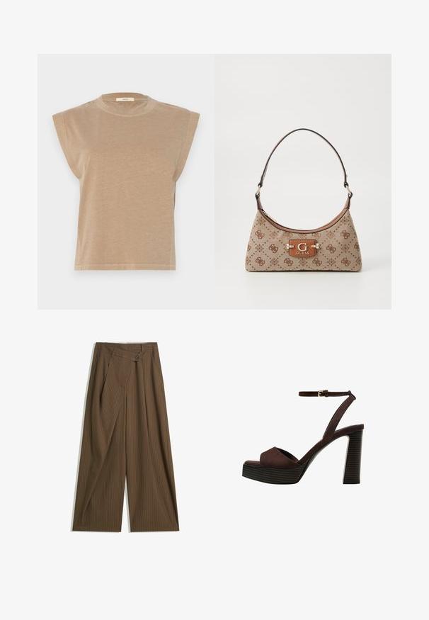 Beige top met korte mouwen in een ontspannen pasvorm, met iets verlaagde schouders en een ronde halslijn. Gemaakt van zachte stof met een gladde textuur.; Bruine wijde broek met fijne witte streepjes, hoge taille, sluiting met een knop aan de voorkant en een overslagpaneel.; Bruine suède high-heeled sandaal met een open teen, verstelbare enkelband en een gestreepte plateauzool.; Tote bag van beige stof met bruine patroonaccenten. Beschikt over een gebogen vorm, enkele strap en een logo plaatje aan de voorkant met zilverkleurige hardware.