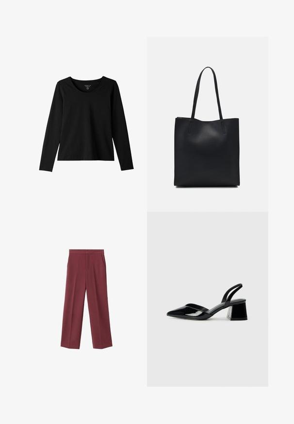 Svart långärmad tröja med rundad halsringning. Mjukt tyg, rak skärning och förlängda ärmar. Har en diskret märkesetikett inuti.; Bordeaux bredderbyxor med en slät textur, med sidofickor och hög midja. Skräddarsydda med en ren frontveck.; Svarta lackläder slingback klackar med spetsig tå och geometrisk klack. Har en elegant, minimalistisk design och slät yta.; Svart lädertoffelväska med slät textur, rektangulär form och två långa handtag. Ingen synlig hårdvara eller dekorationer.