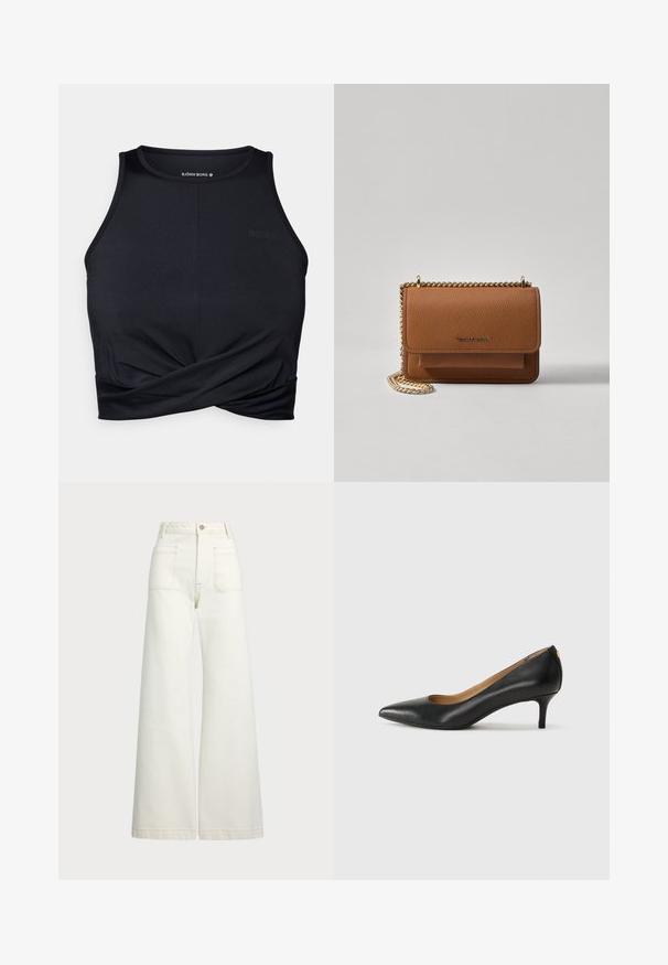 Svart treningscrop-top laget av glatt stoff; har en vridd detalj foran og BORG-logoen på øverste venstre side.; Vidde bukser i off-white denim. Høyt liv-design med knappelukking, to frontlommer og kontrastsøm detaljer.; Sorte lærpumpe med spiss tå, lav hæl og en glatt tekstur. Har en liten åpning foran og minimalt med beslag bak.; Brun teksturert lær crossover-veske med gullkjede-stropp og klaffelukking. Fronten har logo-detalj og en lomme under klaffen.