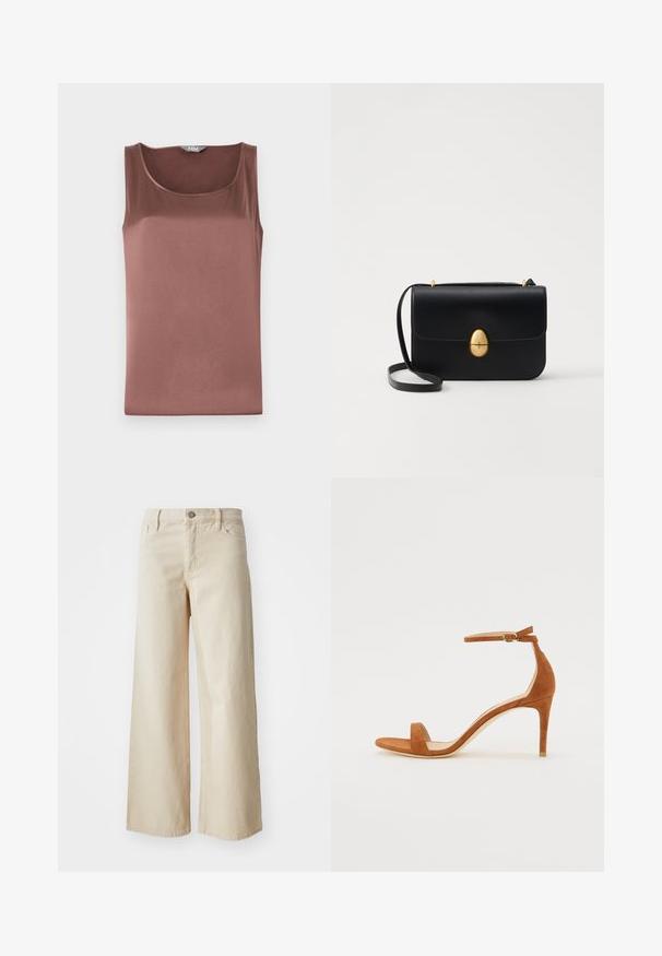 Brune satijnen mouwloze top met een ronde halslijn, gladde textuur en een slim-fit ontwerp, bedoeld voor een gestroomlijnd silhouet.; Beige wijdvallende jeans van denim, met een hoge taille, knoopsluiting, riemlussen en zijzakken. Gladde textuur en relaxed fit.; Bruine suede hoge hak sandalen met een dunne enkelband met een gouden gesp, open teen en een strak, minimalistisch ontwerp.; Zwarte leren handtas met een gestructureerde rechthoekige vorm. Voorzien van een gouden ovale sluiting en een dunne schouderband. Glad van textuur.