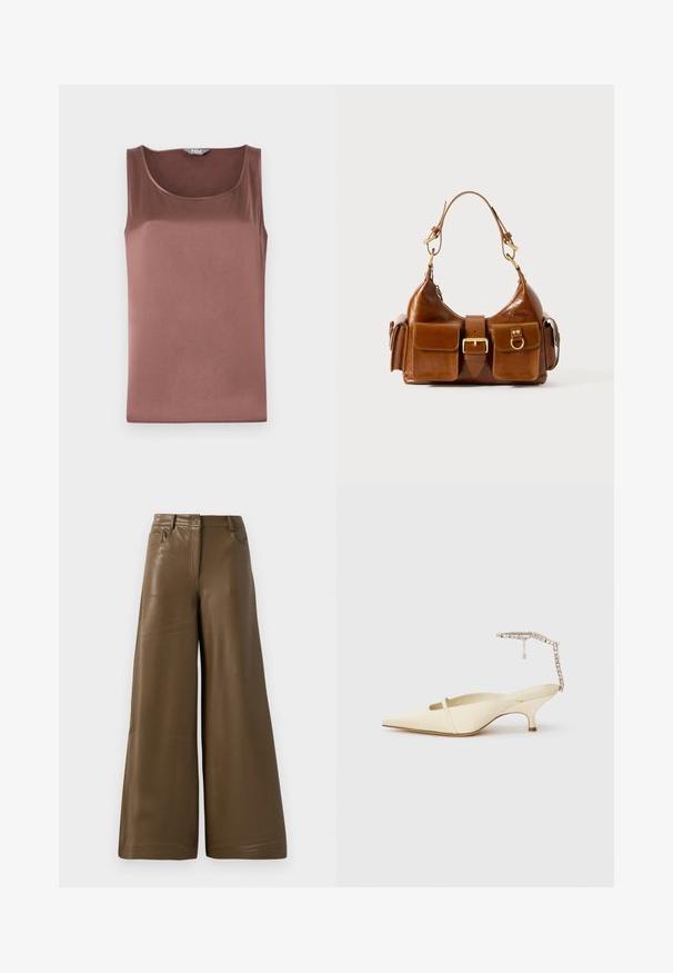 Top sin mangas de satén marrón con un escote redondeado, textura suave y un ajuste slim, diseñado para una silueta estilizada.; Pantalones de pierna ancha hechos de suave cuero sintético marrón. Presentan una cintura alta, cuatro bolsillos y una cremallera frontal. Textura lisa y diseño minimalista.; Tacón slingback de punta afilada en color crema con una delgada tira frontal y una tira de tobillo con joyas sobre fondo blanco.; Bolso de mano de cuero marrón con forma curva, herrajes en tono dorado dual, dos bolsillos frontales y una correa amplia. Textura suave con un acabado elegante.