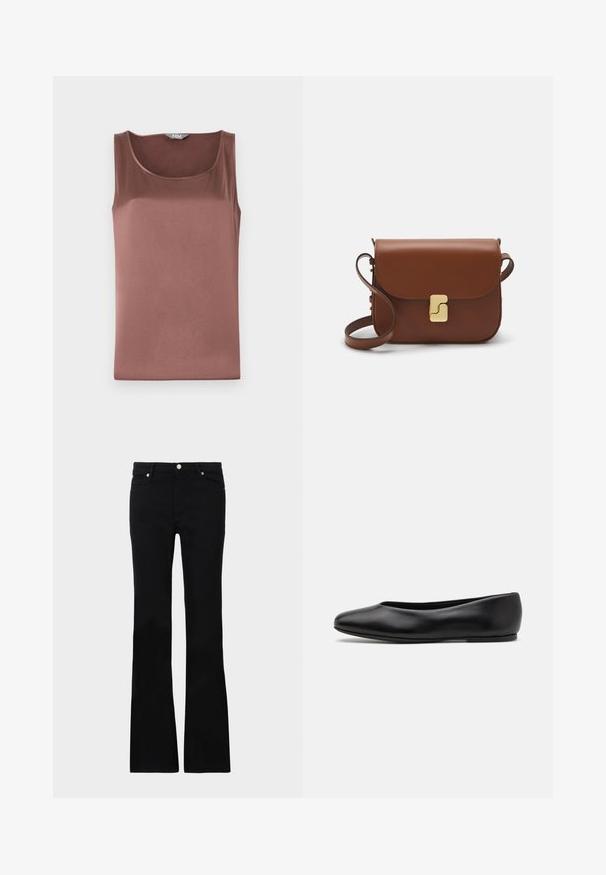 Top senza maniche in satin marrone con scollo rotondo, texture liscia e vestibilità slim, progettato per una silhouette slanciata.; Jeans neri svasati in denim, dotati di due tasche anteriori, chiusura con bottone e una texture liscia. Cuciture iconiche visibili nei punti di giuntura.; Paul Smith TOPANGA - Ballerine - black; Borsa a tracolla in pelle marrone con chiusura a pattina, hardware color oro, tracolla e una finitura liscia. Forma rettangolare compatta.